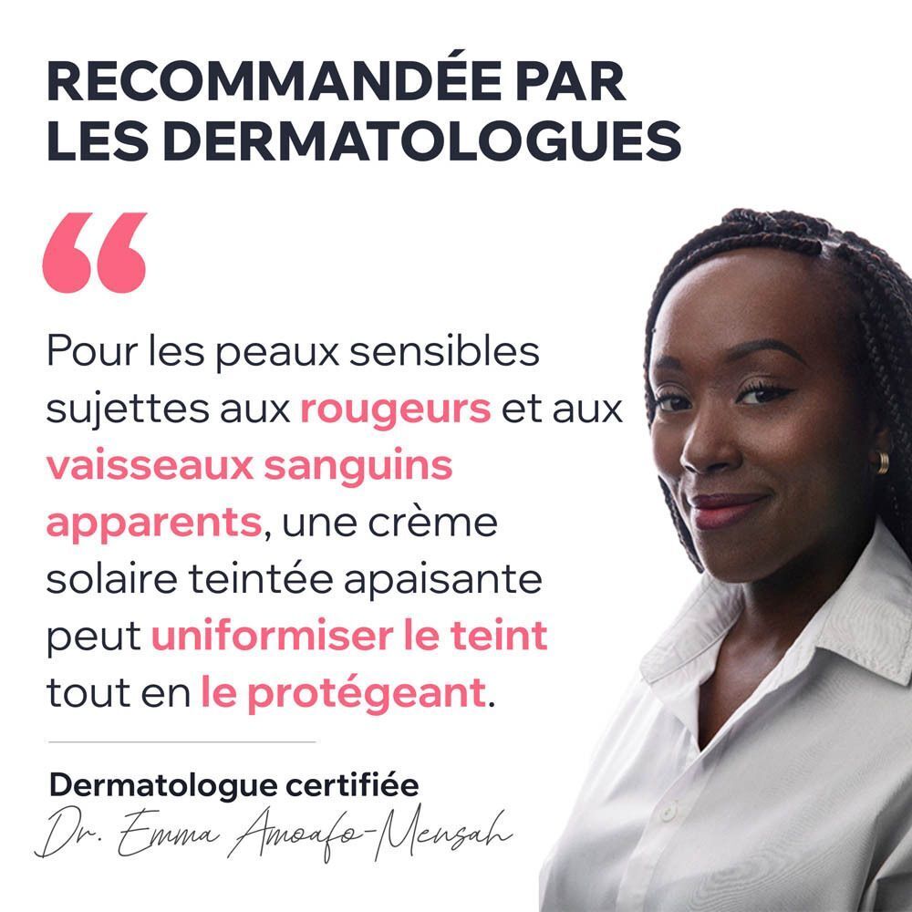 Femme avec des tresses. Texte: Recommandée par les dermatologues. Pour peaux sensibles et rougeurs.