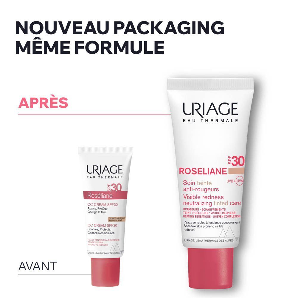 Comparaison avant-après. Deux tubes Uriage Roséliane. Texte: Nouveau Packaging Même Formule.