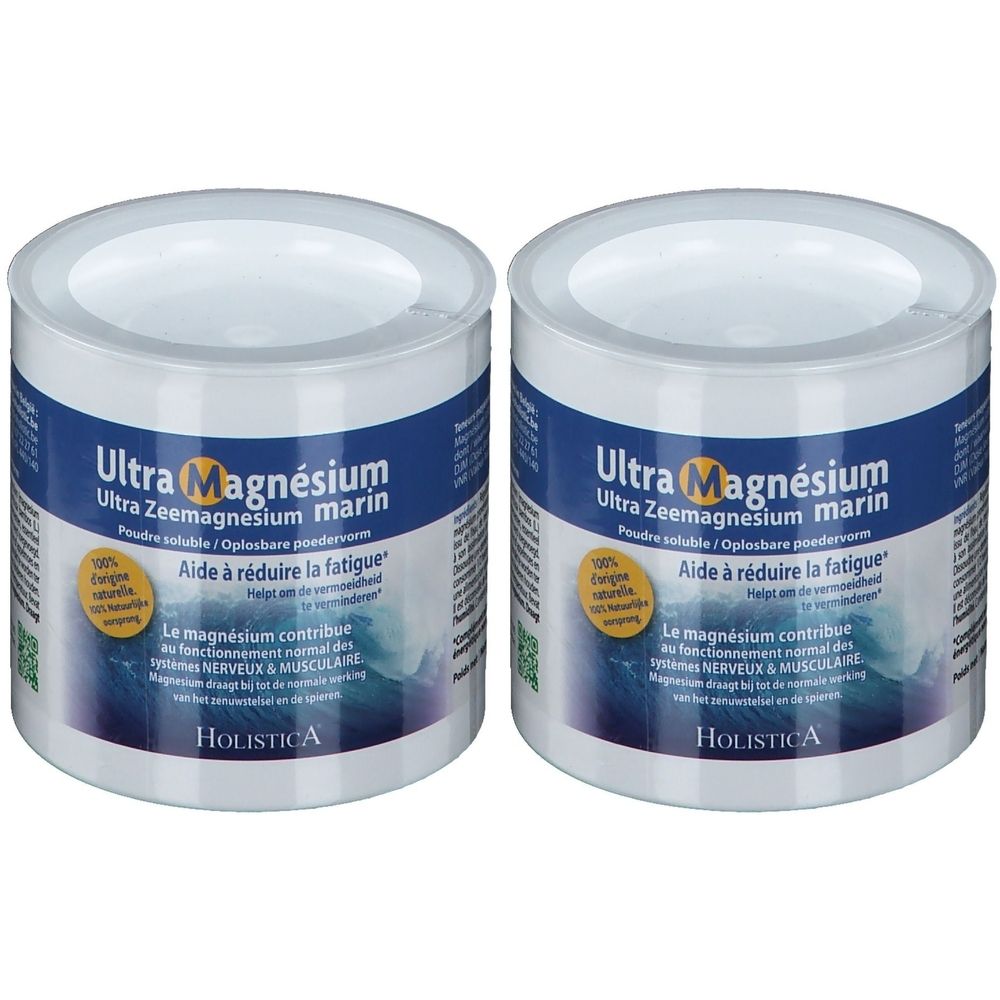 Twee potten Ultra Magnesium. Blauw-witte verpakking met productnaam en tekst. Merk: Holistica. Poedervorm.