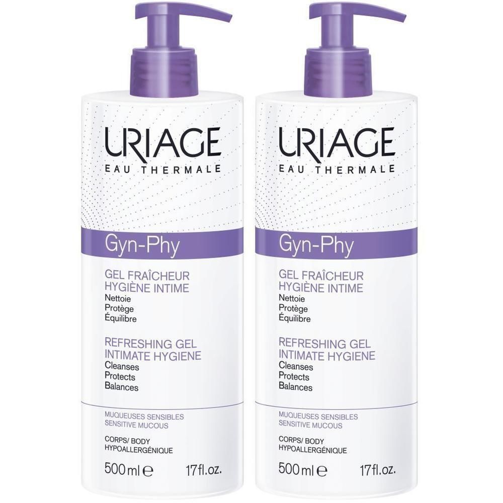 Deux flacons de gel intime Uriage Gyn-Phy. Blanc, avec bouchon pompe violet. Texte: Uriage, Gyn-Phy, 500ml.
