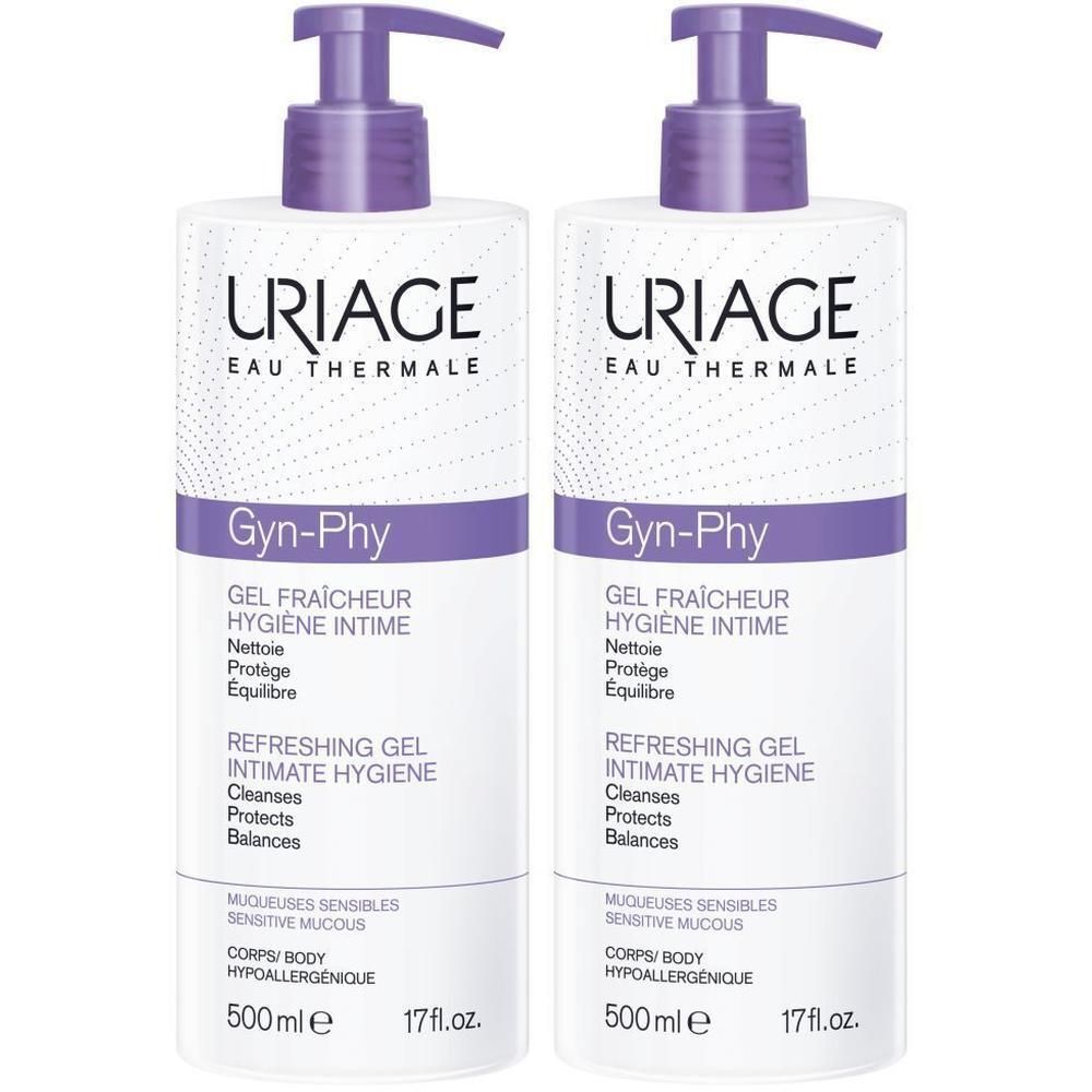 Twee flessen Uriage Gyn-Phy intieme wasgel. Wit, met paarse pompdeksel. Tekst: Uriage, Gyn-Phy, 500ml.