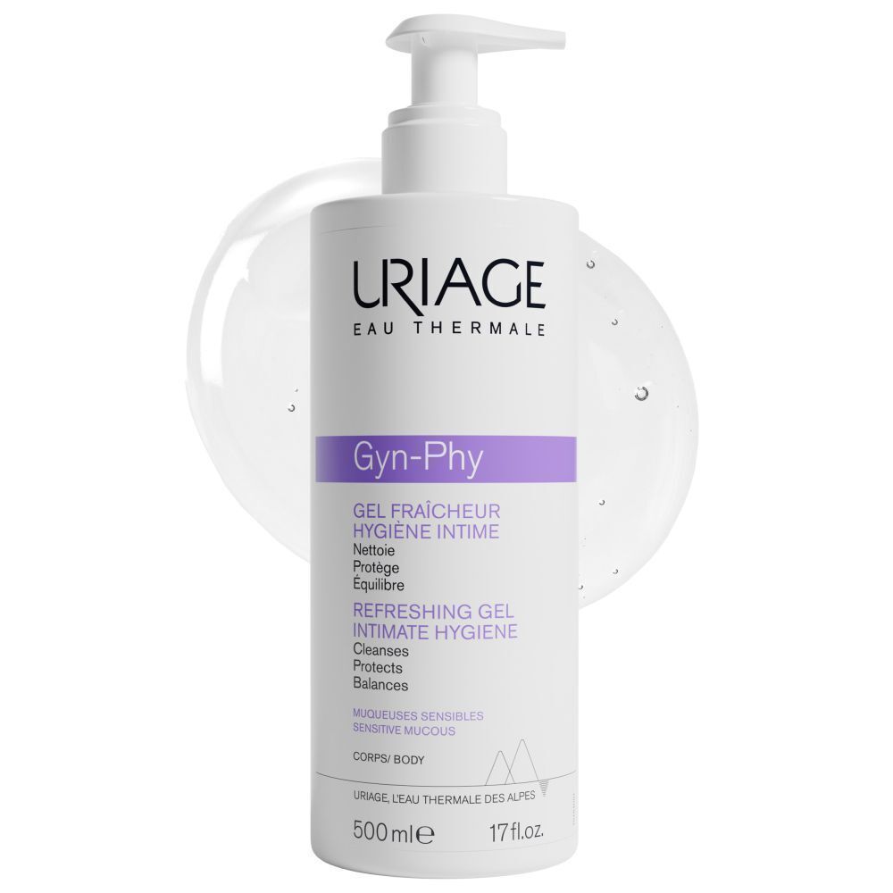 Uriage Gyn-Phy intieme wasgelfles. Wit, met paarse pompdeksel. Gel druppel. Tekst: Uriage, Gyn-Phy, 500ml.