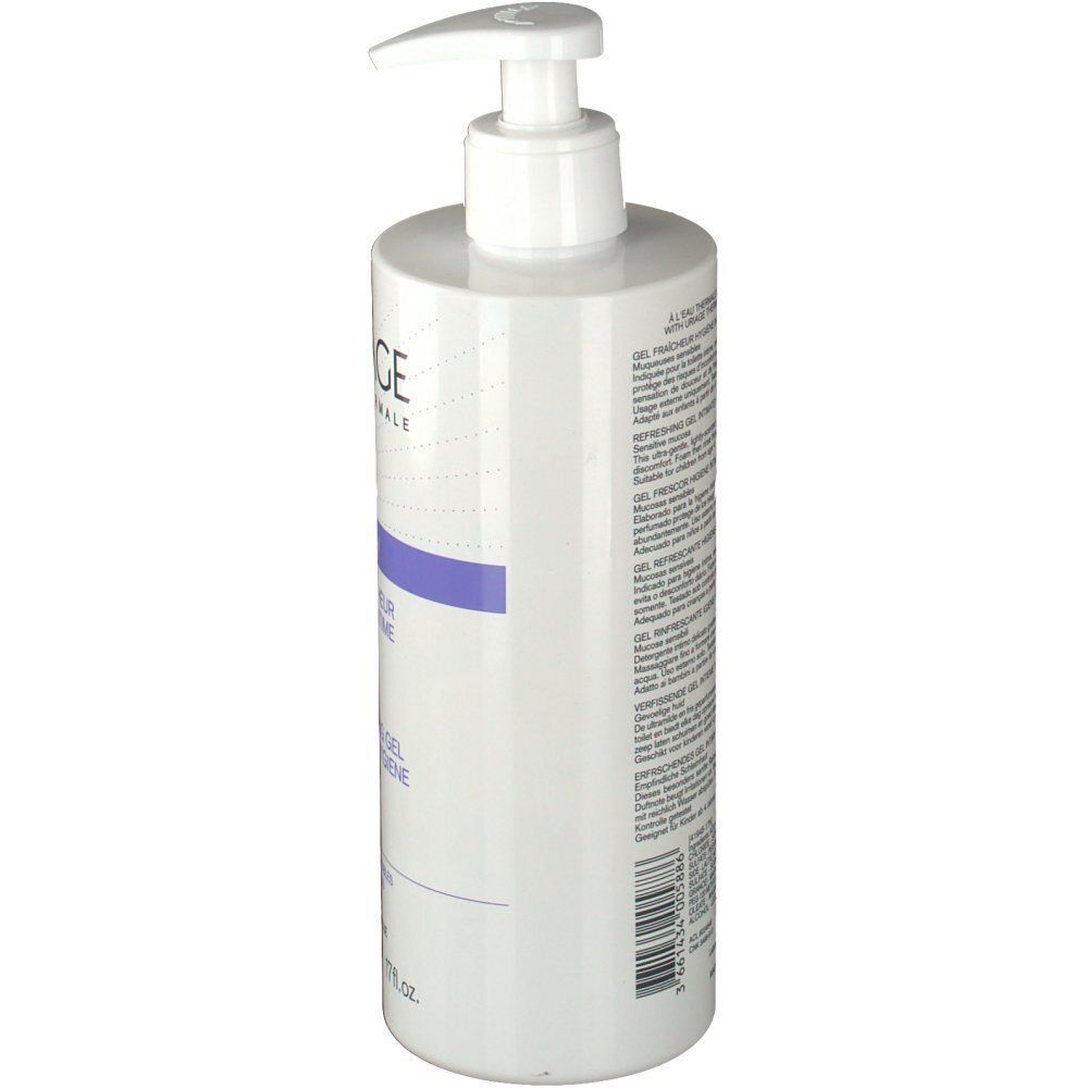 Un flacon de gel d'hygiène intime Uriage Gyn-Phy, vue latérale avec texte.
