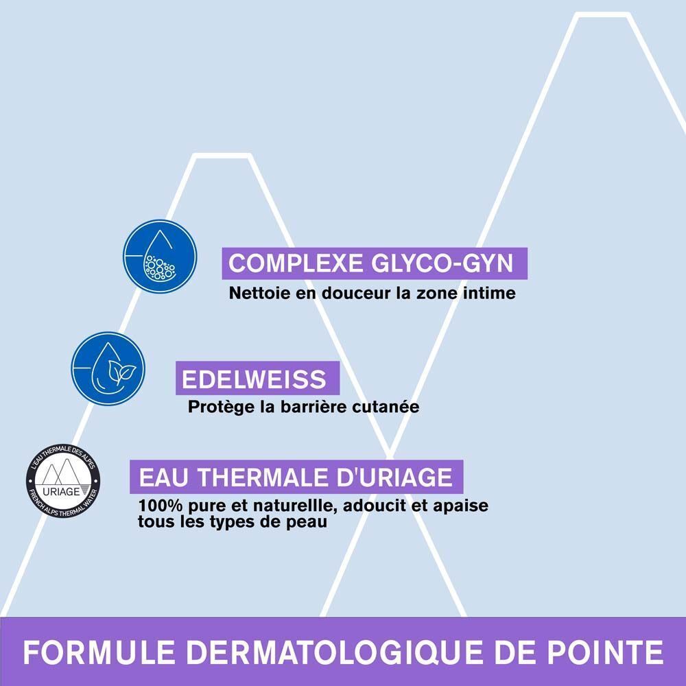 Graphique avec texte : Complexe Glyco-Gyn, Edelweiss, Eau Thermale d'Uriage. Formule dermatologique de pointe.