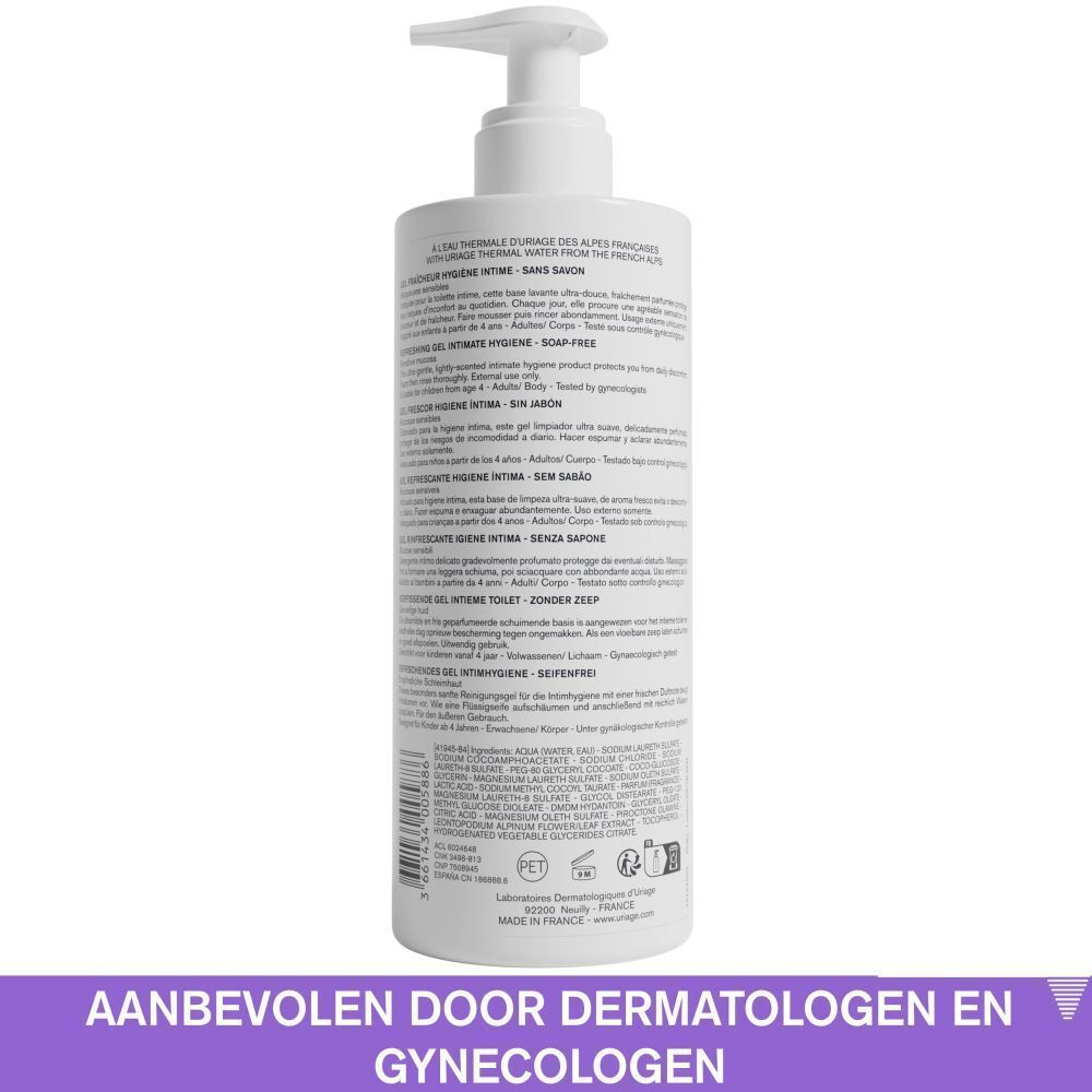 Achterkant van de Uriage Gyn-Phy fles. Tekst in meerdere talen. Aanbevolen door dermatologen en gynaecologen.