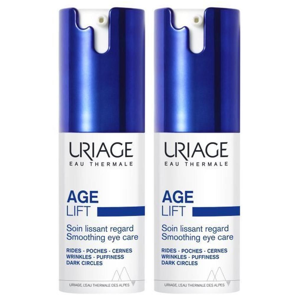 Twee Uriage Age Lift oogverzorging tubes. Blauwe dop, witte body. Tekst: Age Lift, Soin lissant regard.