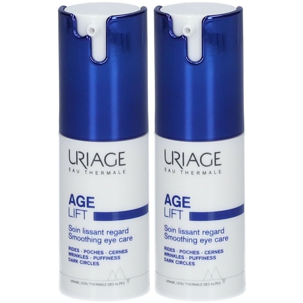 Deux tubes Uriage Age Lift. Bouchon bleu, corps blanc. Texte: Age Lift, Soin lissant regard, Smoothing eye care.