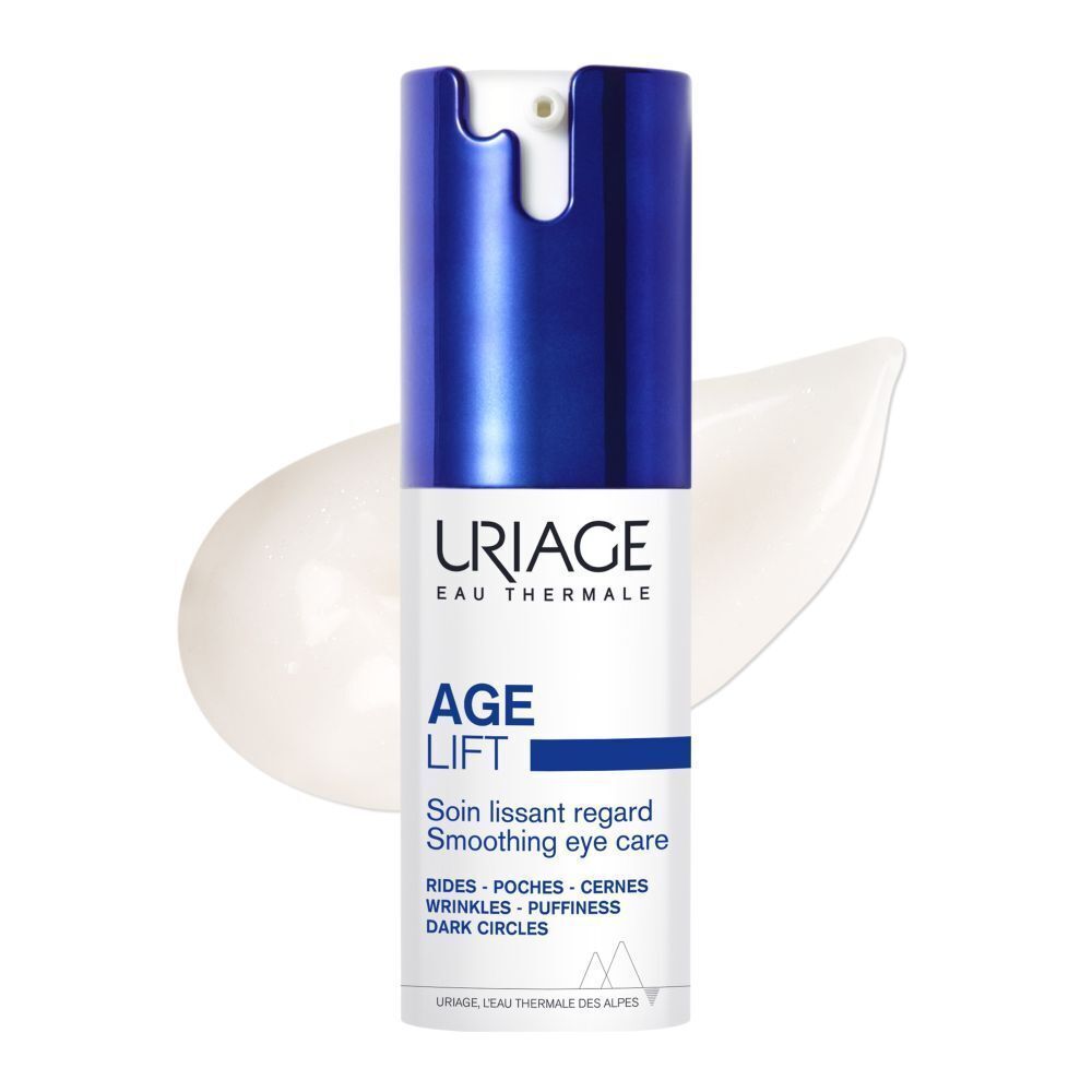 Uriage Age Lift oogverzorging tube. Blauwe dop, witte body. Tekst: Age Lift, Soin lissant regard. Crème vlek.