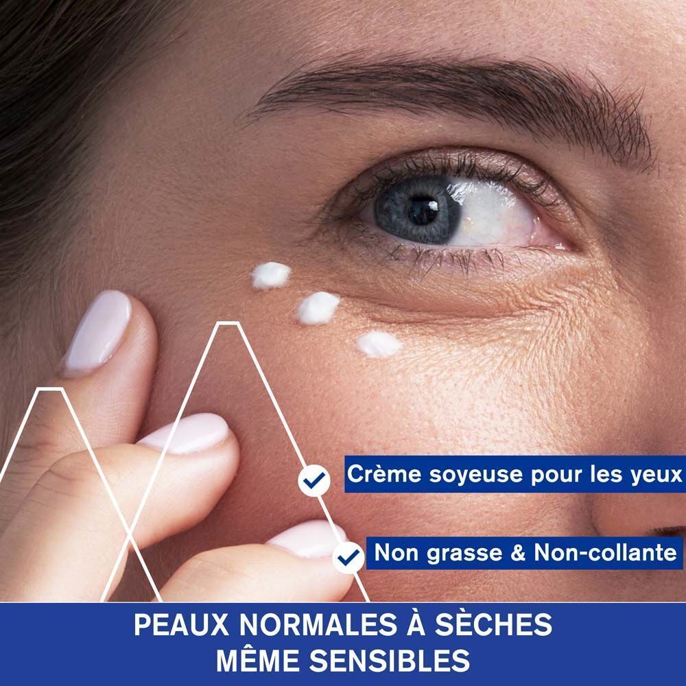 Gros plan sur un œil. Application de crème. Texte: Crème soyeuse pour les yeux, Non grasse & Non-collante.