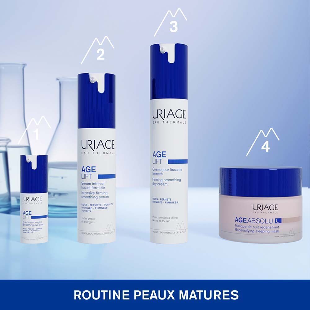 Différents produits Uriage. Texte: Routine peaux matures.