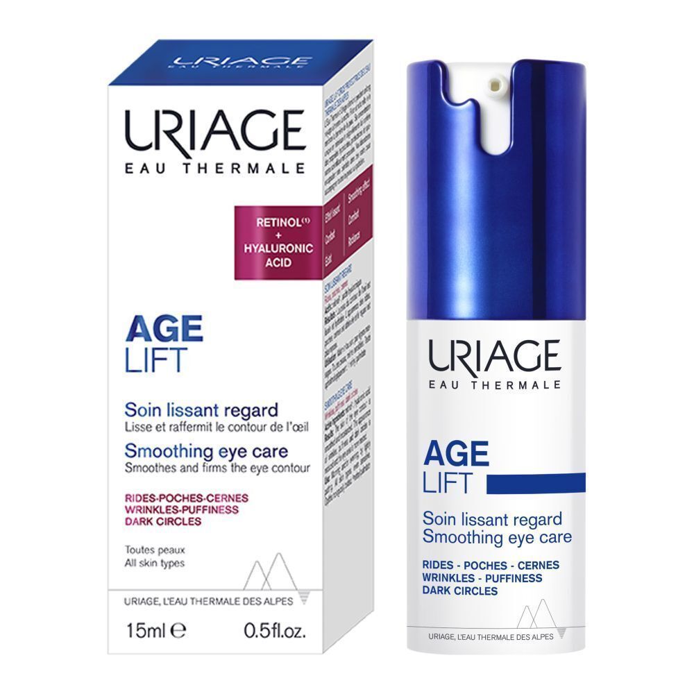 Uriage Age Lift tube en verpakking. Tekst: Age Lift, Soin lissant regard.