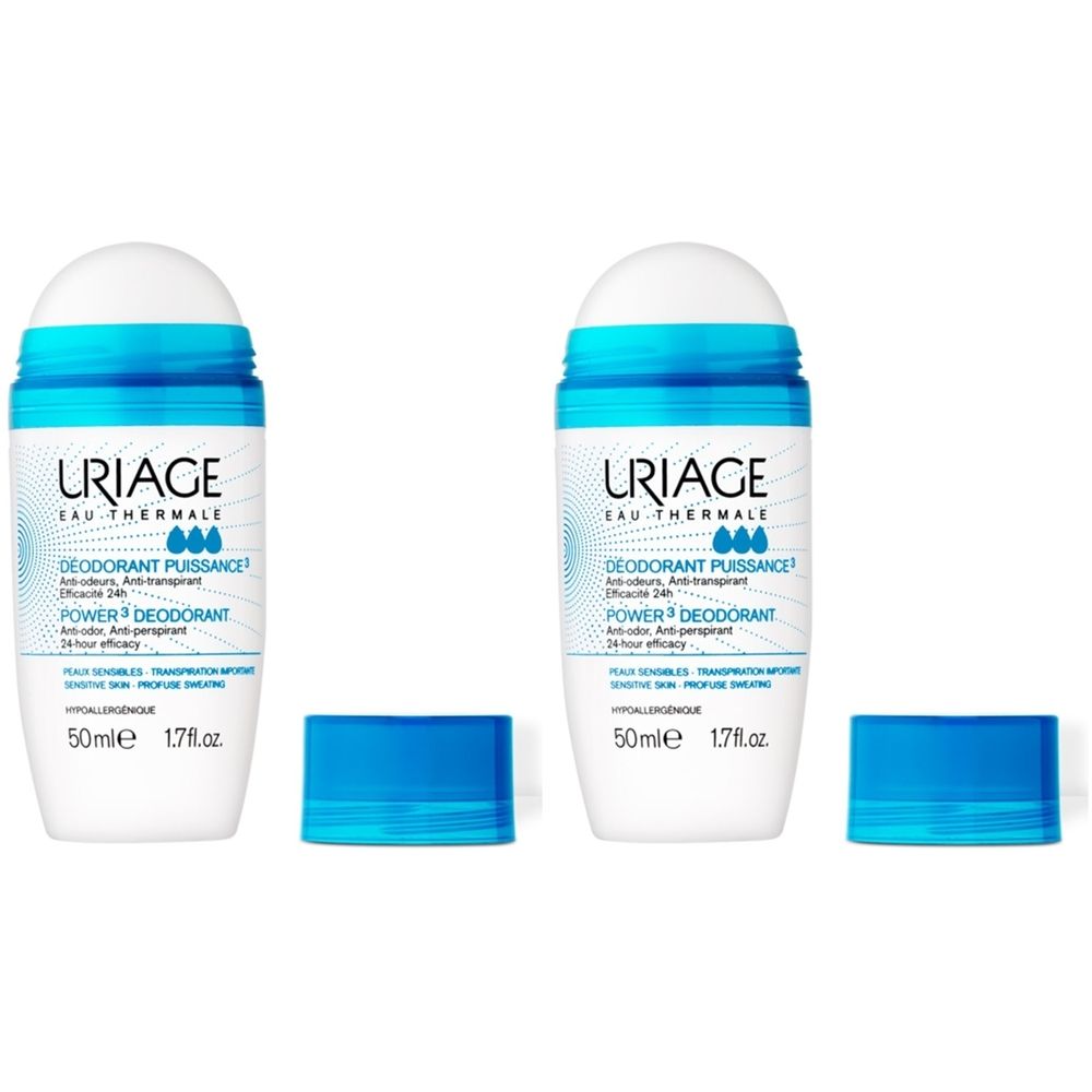 Twee witte roll-on deodorants met blauwe doppen. Opschrift: URIAGE Eau Thermale, Power3 Deodorant, 50ml.