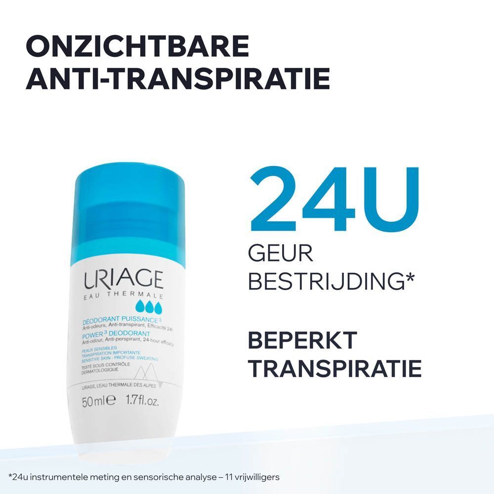 Twee witte roll-on deodorants met blauwe doppen. Opschrift: URIAGE Eau Thermale, Power3 Deodorant, 50ml.