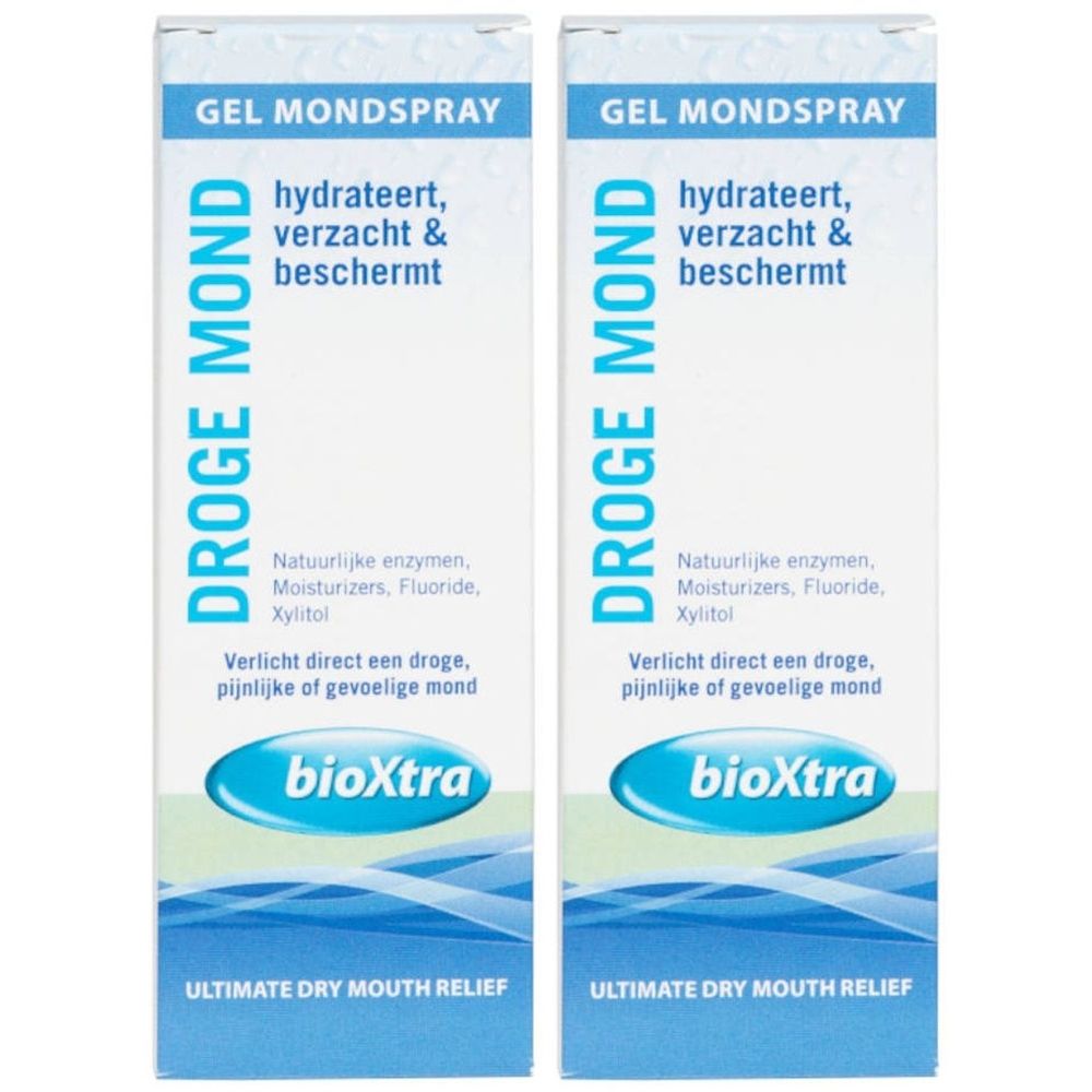 Deux boîtes blanches avec texte bleu. Inscription: Gel Mondspray, Droge Mond, bioXtra. Texte: hydrate, adoucit & protège.