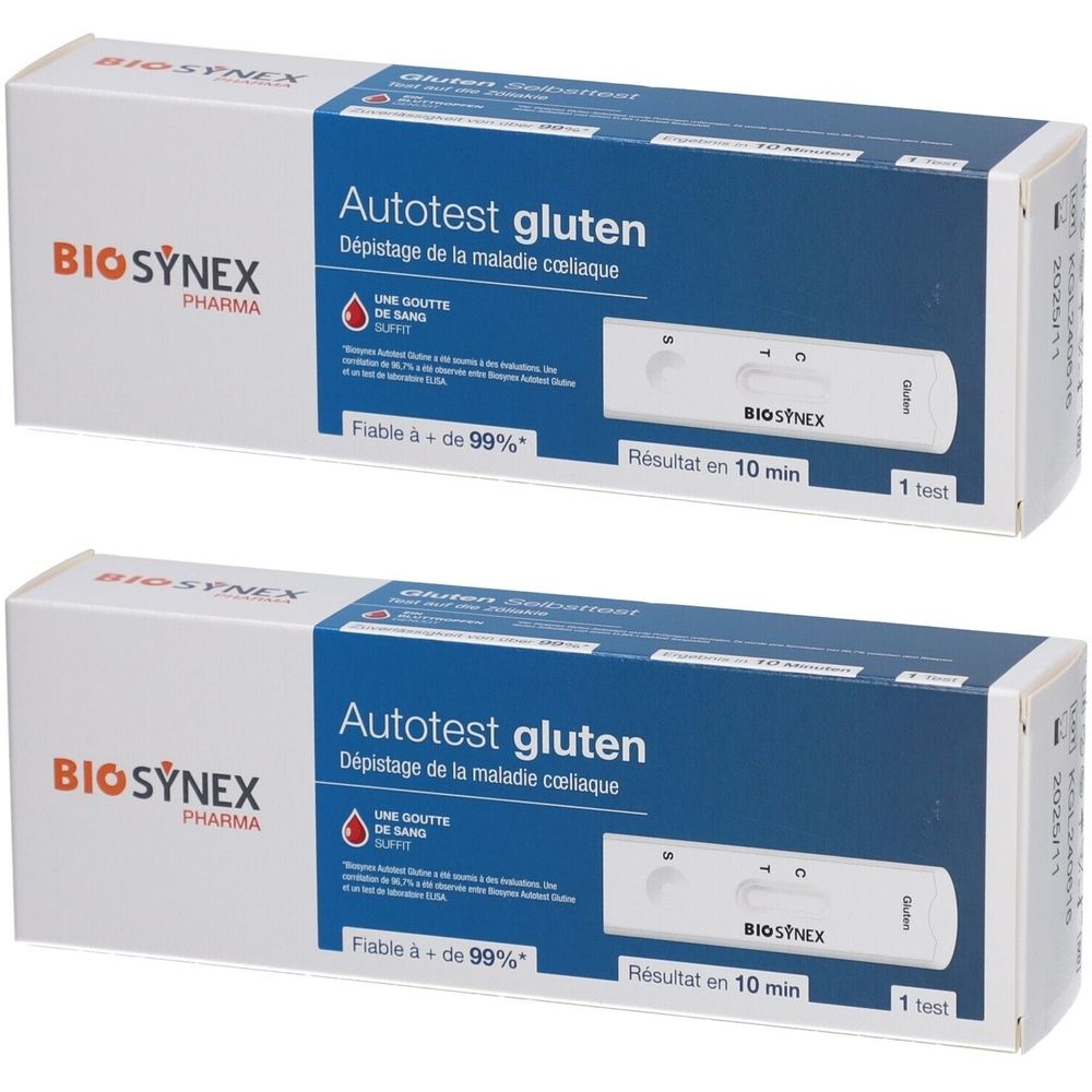 Twee dozen met "Autotest gluten". Merk BIOSYNEX. Teststrip en resultaat in 10 minuten. Betrouwbaar tot + 99%.