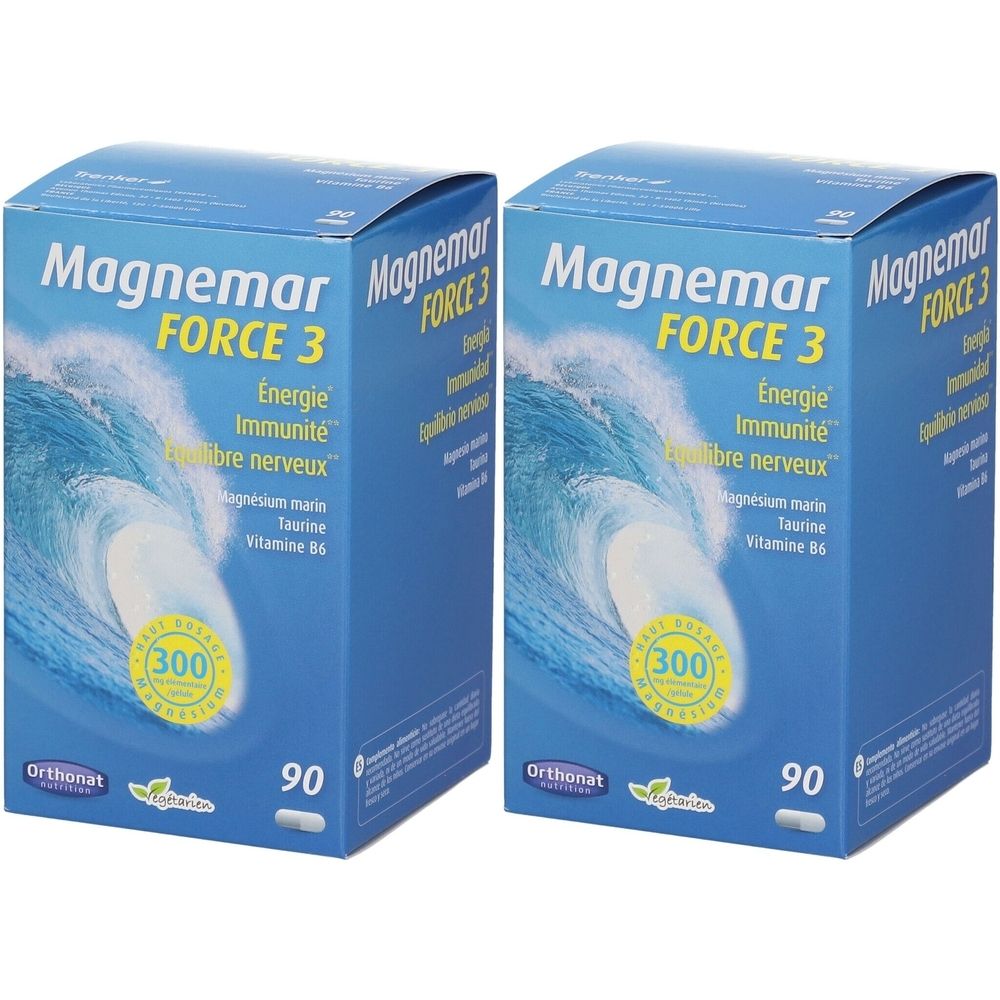 Twee blauwe dozen met "Magnemar FORCE 3". Bevat 90 tabletten. Opschrift: Energie, Immuniteit, équilibre nerveux, magnesium marin, taurine, vitamine B6.