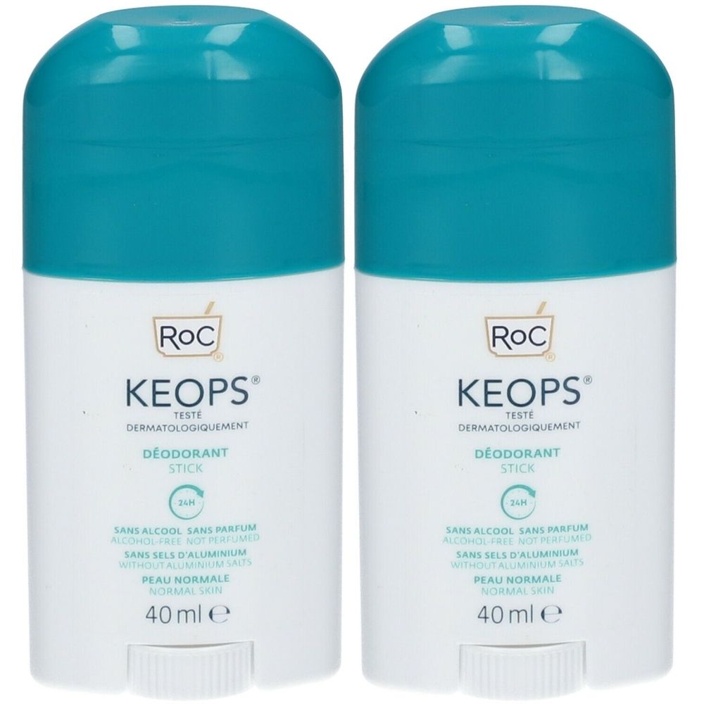 Twee RoC KEOPS deodorant sticks. Wit met turquoise dop. Opschrift: KEOPS, 24u, zonder alcohol, zonder parfum, zonder aluminiumzouten.