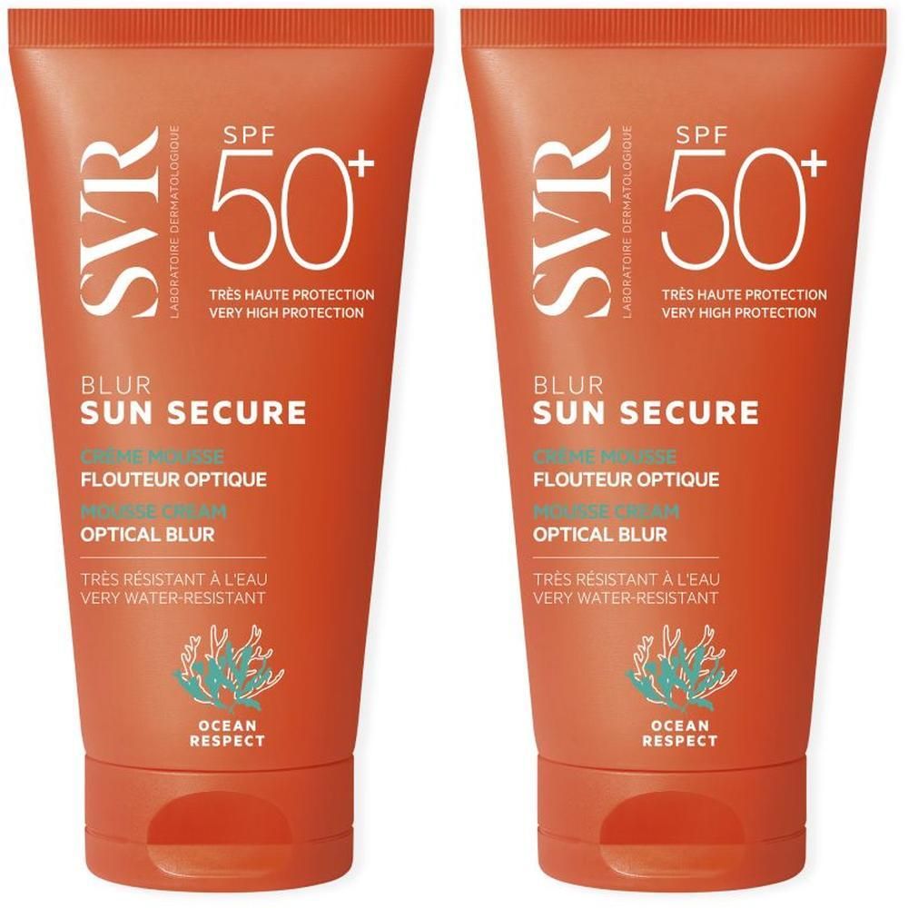 Deux tubes de crème SVR Sun Secure SPF50+. Emballage orange avec texte blanc. Texte: Blur, Sun Secure, Creme Mousse, Flouteur Optique, Optical Blur.