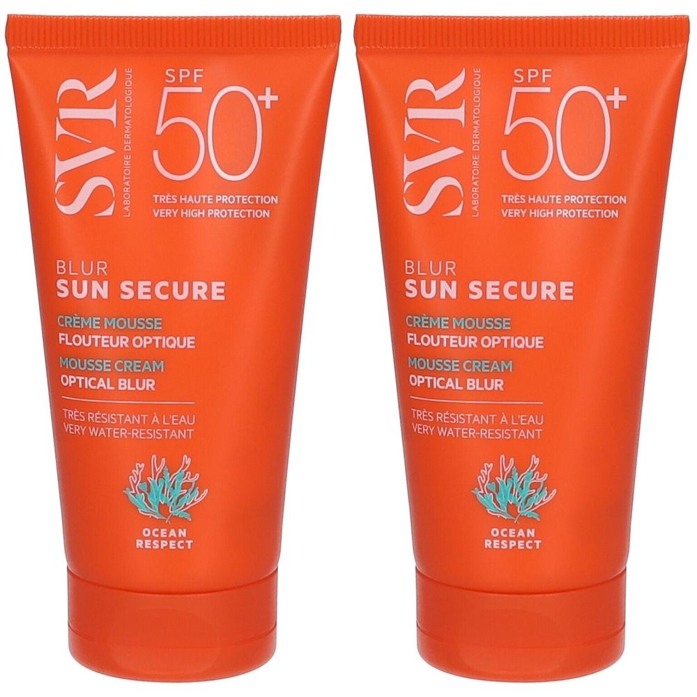 Deux tubes de crème SVR Sun Secure SPF50+. Emballage orange avec texte blanc. Texte: Blur, Sun Secure, Creme Mousse, Flouteur Optique, Optical Blur.