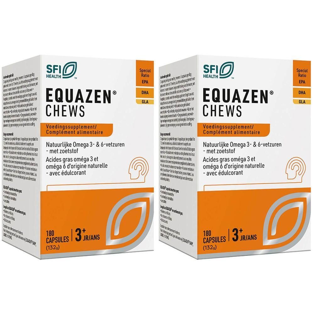 Twee witte dozen EQUAZEN eye q chews, elk met 180 capsules.