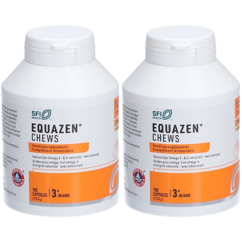 Twee witte flessen EQUAZEN CHEWS. Oranje etiketten met tekst. 180 capsules, vanaf 3 jaar.