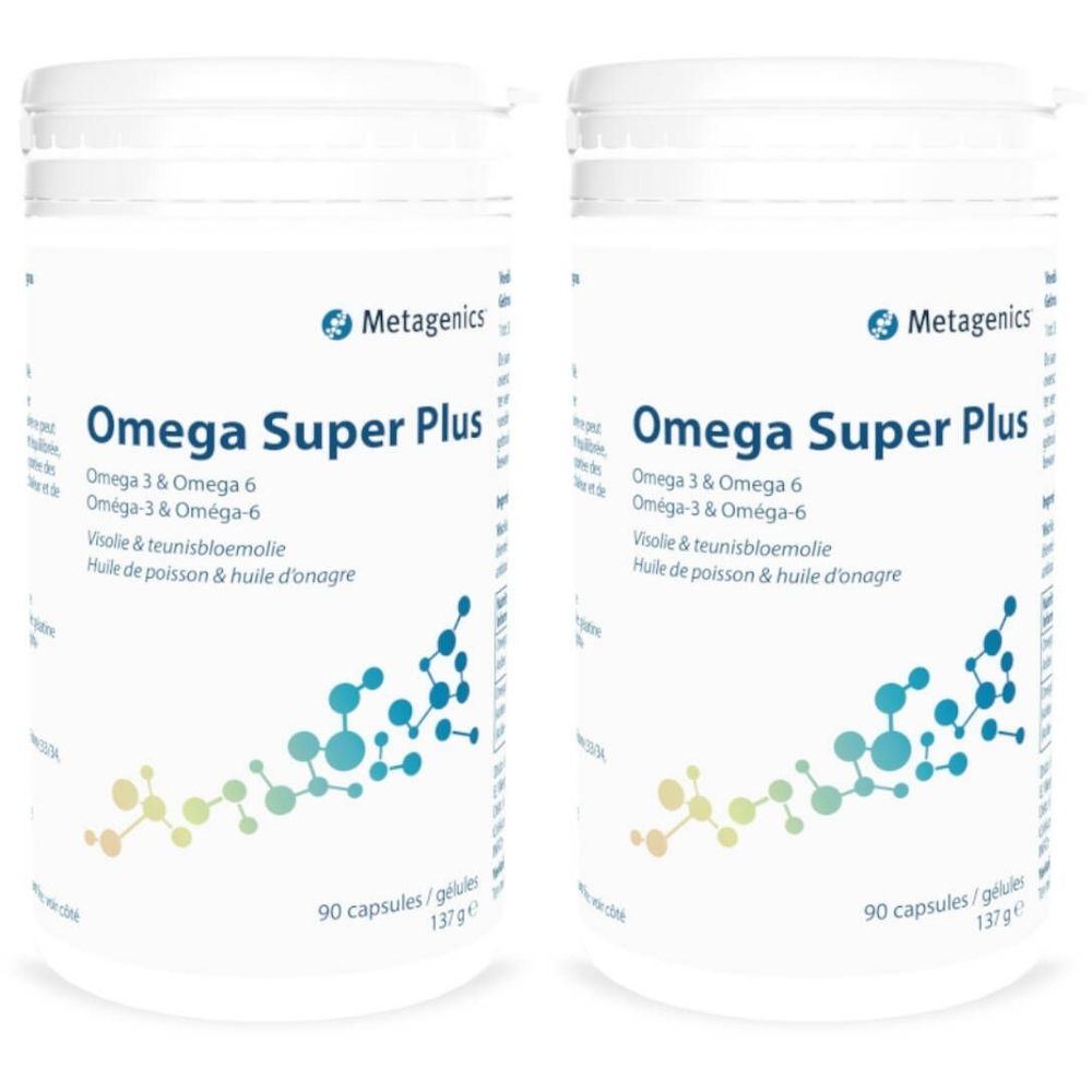 Twee witte potten met etiketten. Opschrift: Omega Super Plus, Metagenics. Bevat 90 capsules. Samenstelling: Omega 3 & Omega 6.