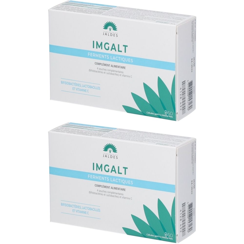 Twee witte dozen met IMGALT, Ferments lactiques. Opschrift bacteriën lactiques en vitamine C. Groen-turkoois logo.