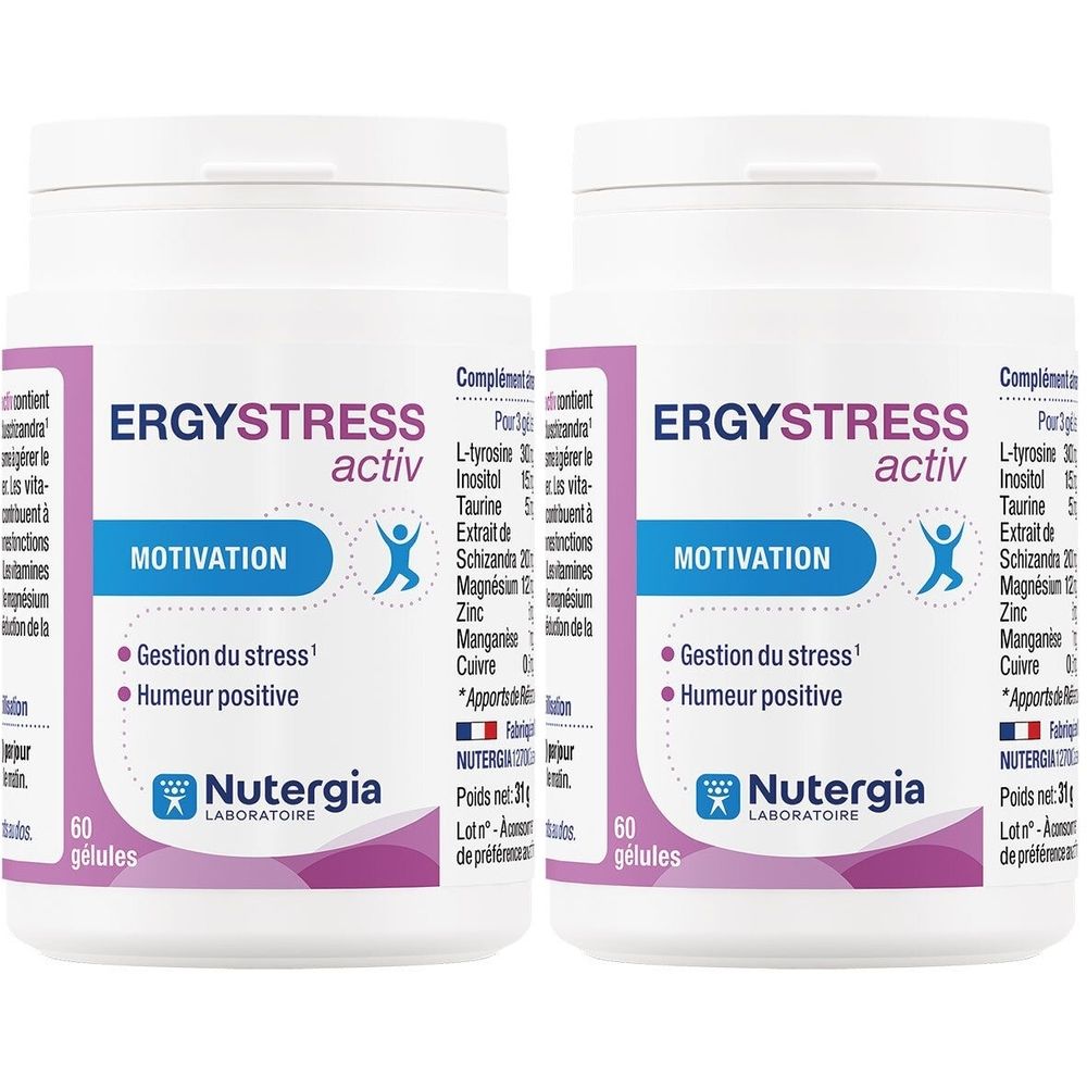Twee witte flessen met etiketten. Opschrift: ERGYSTRESS activ, Motivatie. Merk: Nutergia. 60 capsules.