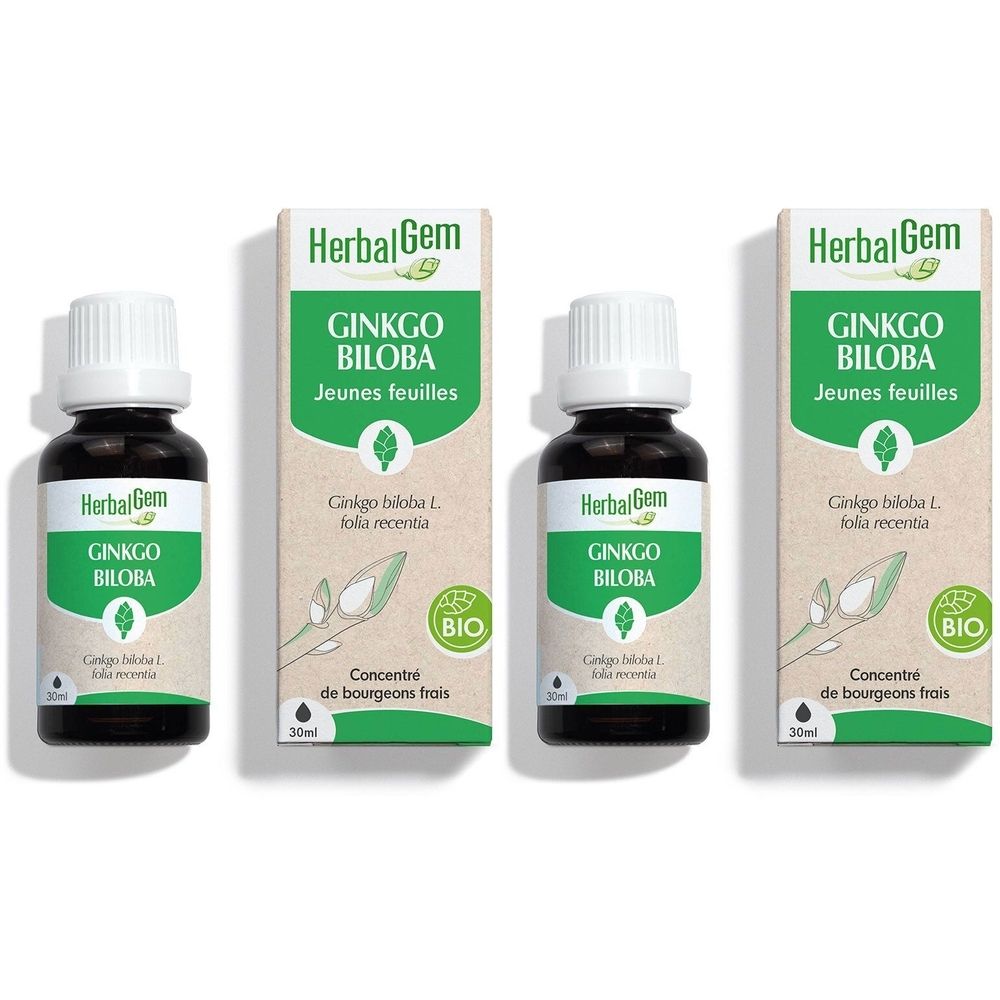 Drie flessen en verpakkingen. Opschrift: HerbalGem Ginkgo Biloba, Jeunes feuilles, Bio. Concentré de bourgeons frais.