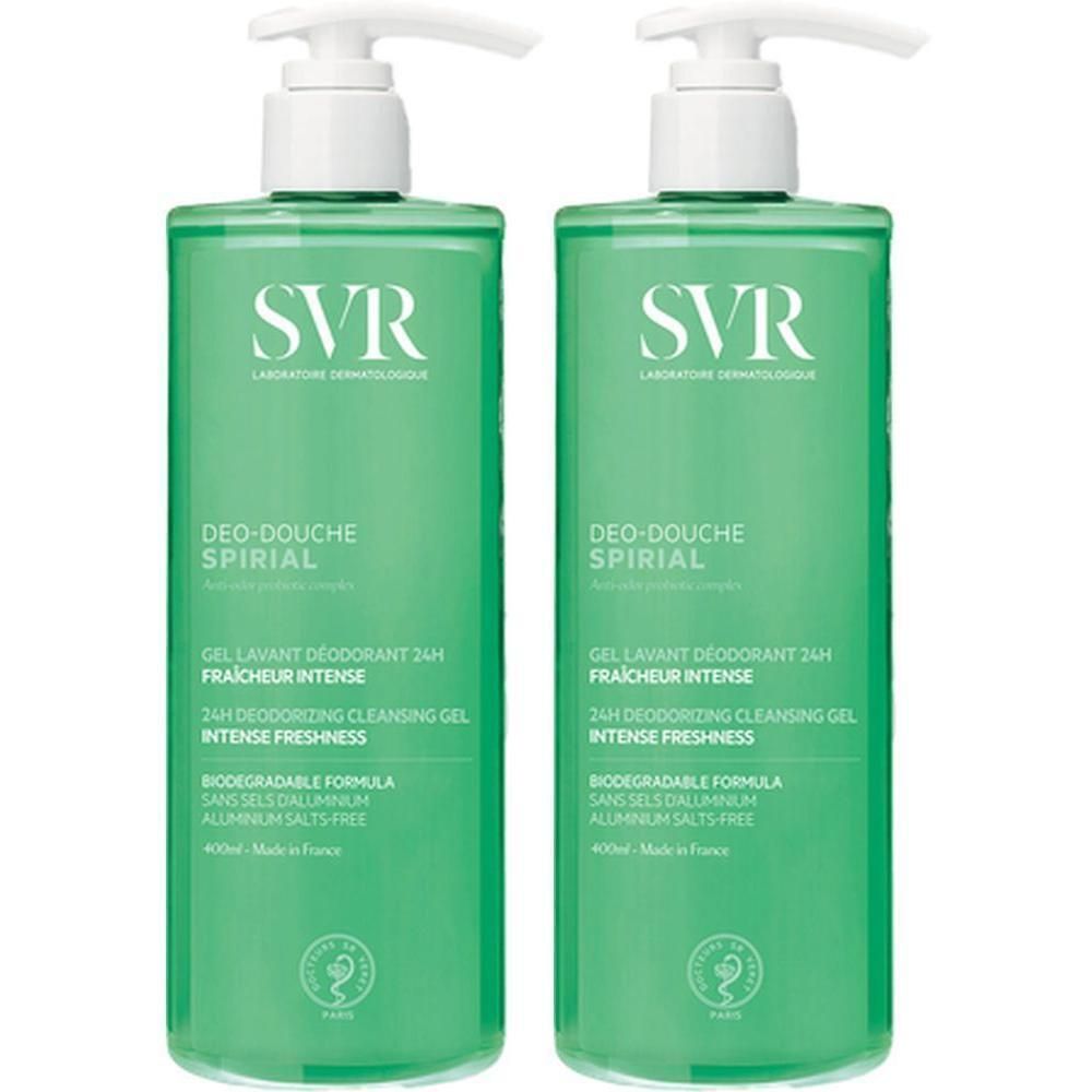 Twee groene flessen met witte pomp. Opschrift: SVR, Deo-Douche, Spirial, 24h, Intense frisheid.