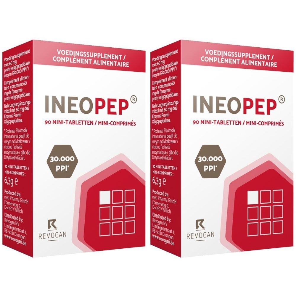 Twee dozen Ineopep® met de tekst "90 Mini-tabletten". Rode en witte verpakking met tekst in meerdere talen.
