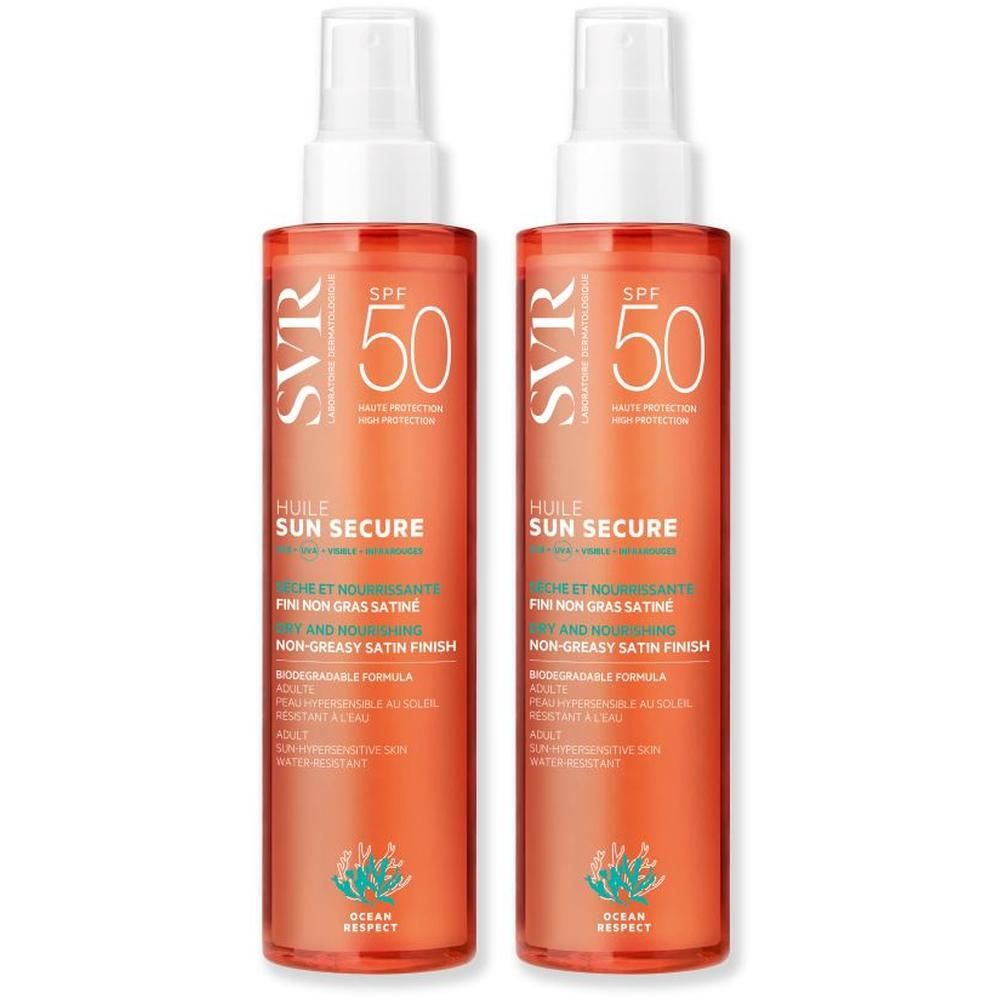Deux flacons d'huile SVR Sun Secure SPF50. Flacons orange avec vaporisateur blanc. Texte: SPF50, Sun Secure, Dry Satin Finish.