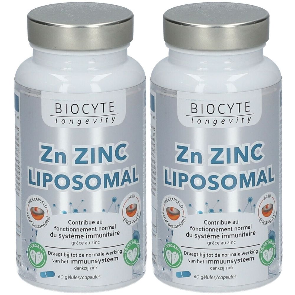 Twee witte flessen met zilveren doppen. Opschrift: Biocyte Zn ZINC LIPOSOMAL. Bevat 60 capsules. Vegan-keurmerk.