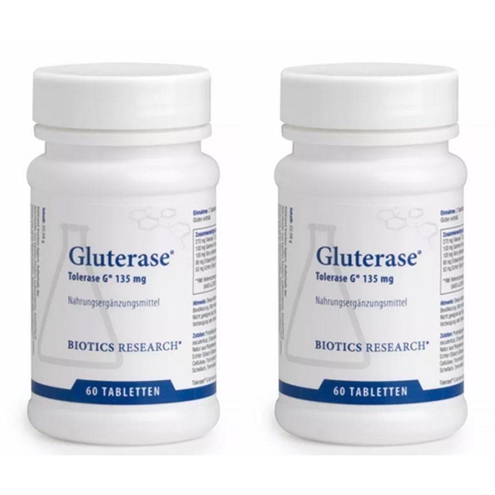 Twee witte containers met Gluterase®-tabletten, 60 tabletten per container. Etiket vermeldt Biotics Research.