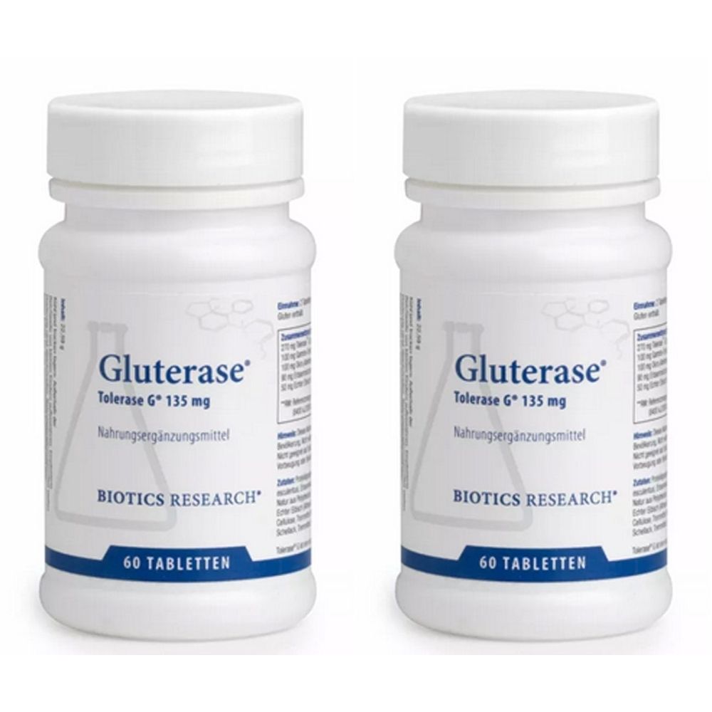 Twee witte flessen met schroefdop. Opschrift: Gluterase, Tolerase G 135 mg, voedingssupplement, Biotics Research, 60 tabletten.