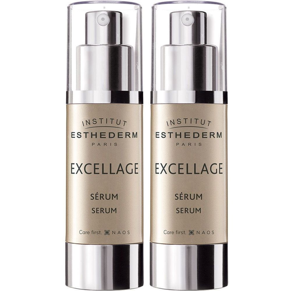 Twee flacons met zilveren pompkopjes. Opschrift: INSTITUT ESTHEDERM PARIS, EXCELLAGE Sérum, NAOS.