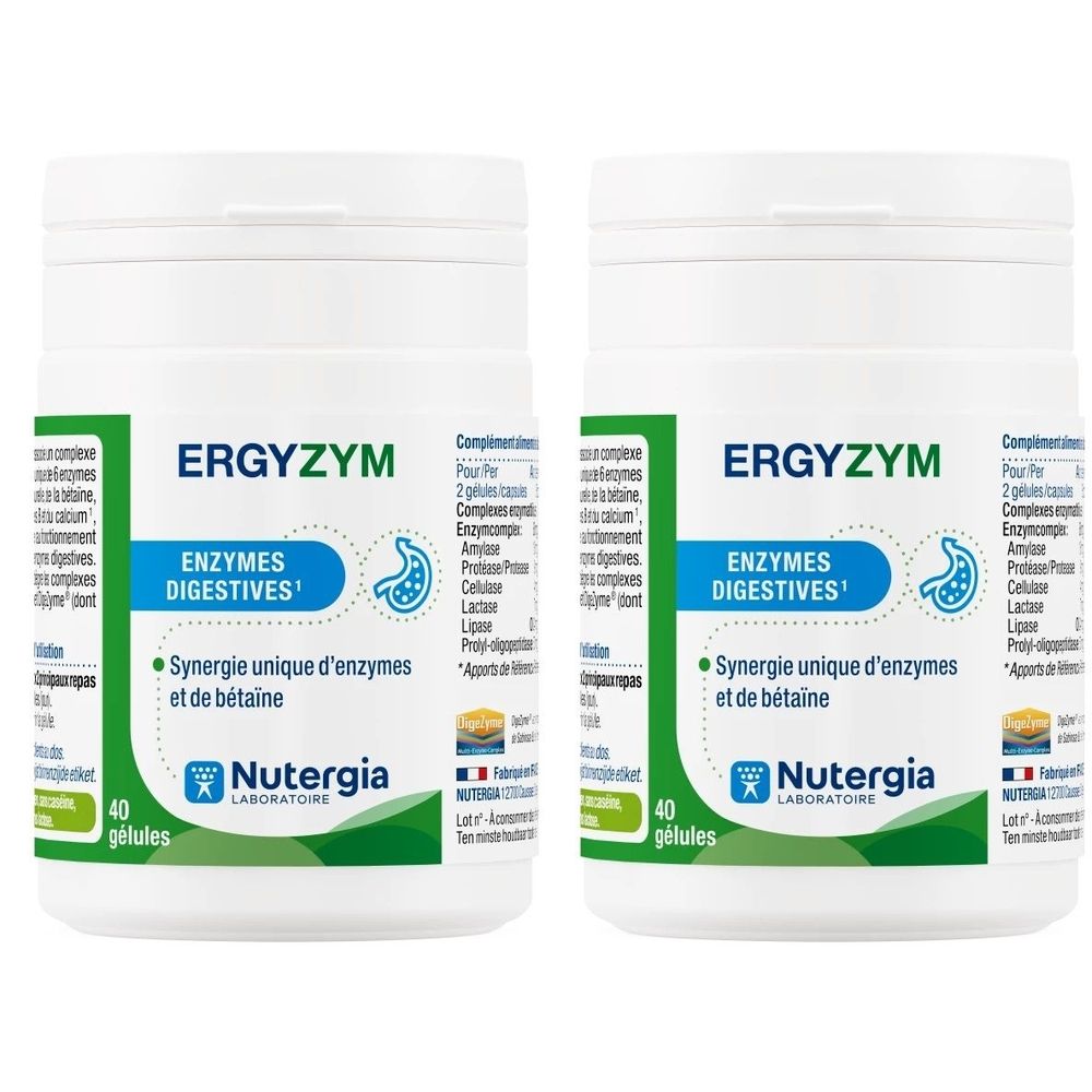 Deux flacons blancs ERGYZYM. Inscription : ENZYMES DIGESTIVES, Nutergia Laboratoire. Contient 40 gélules.