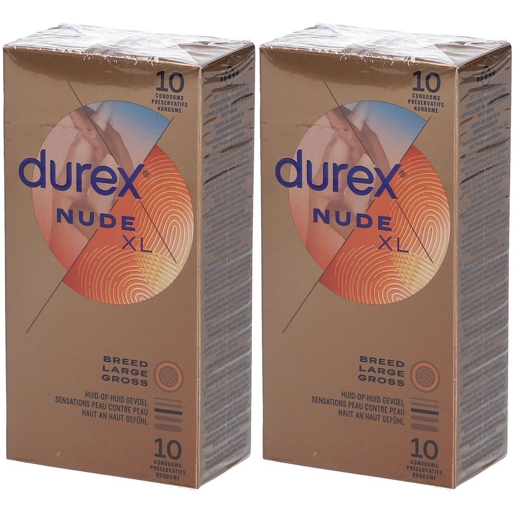 Twee verpakkingen condooms. Opschrift: durex Nude XL, 10 condooms. Gouden verpakking met afbeelding.