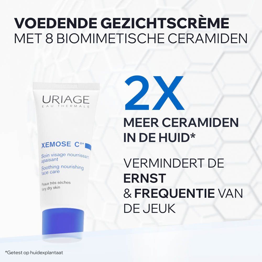 Reclame voor Uriage Xémose C+ crème. Tekst: 2x meer ceramiden in de huid.