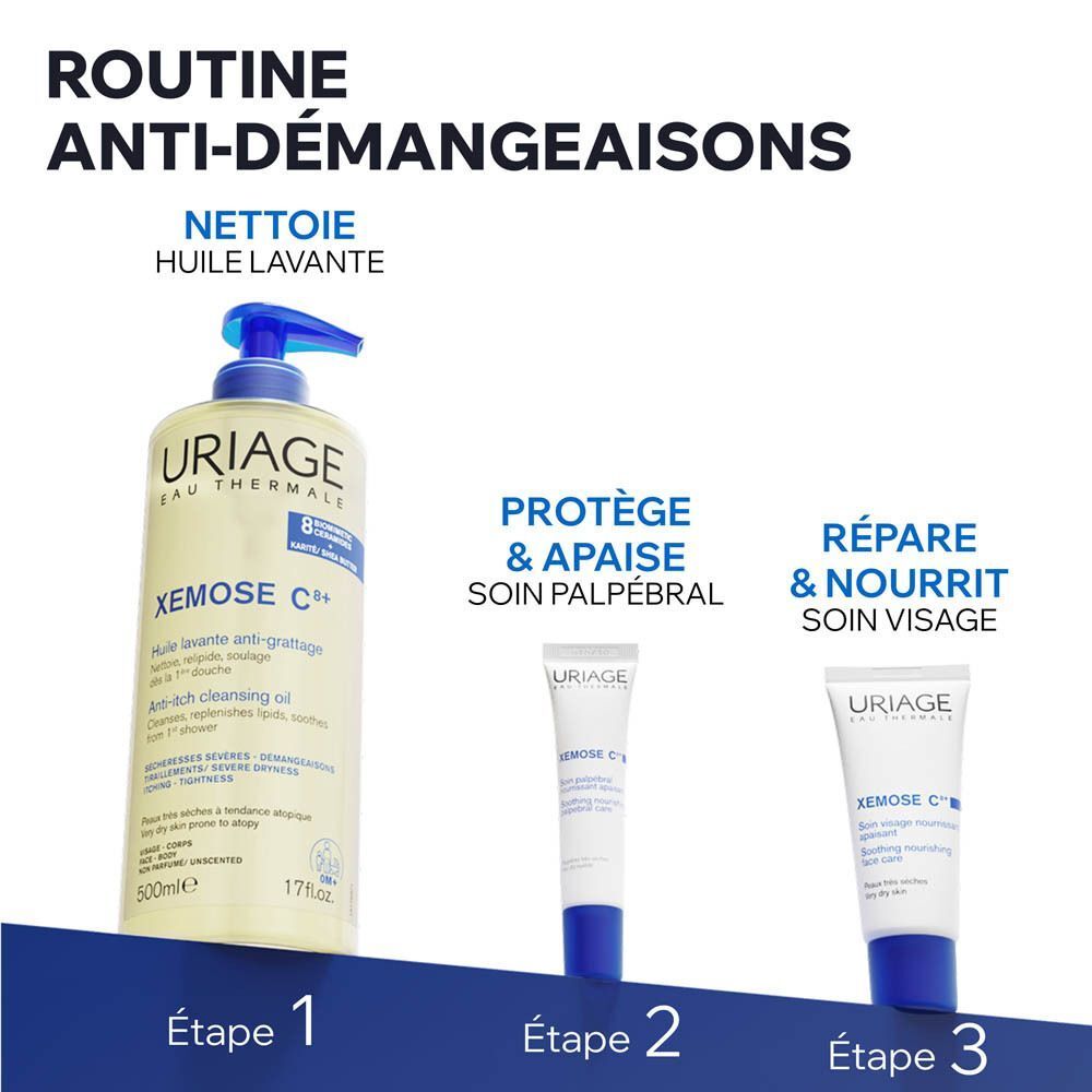 Routine Uriage Xémose C+. Produits : huile, soin des yeux, crème visage.