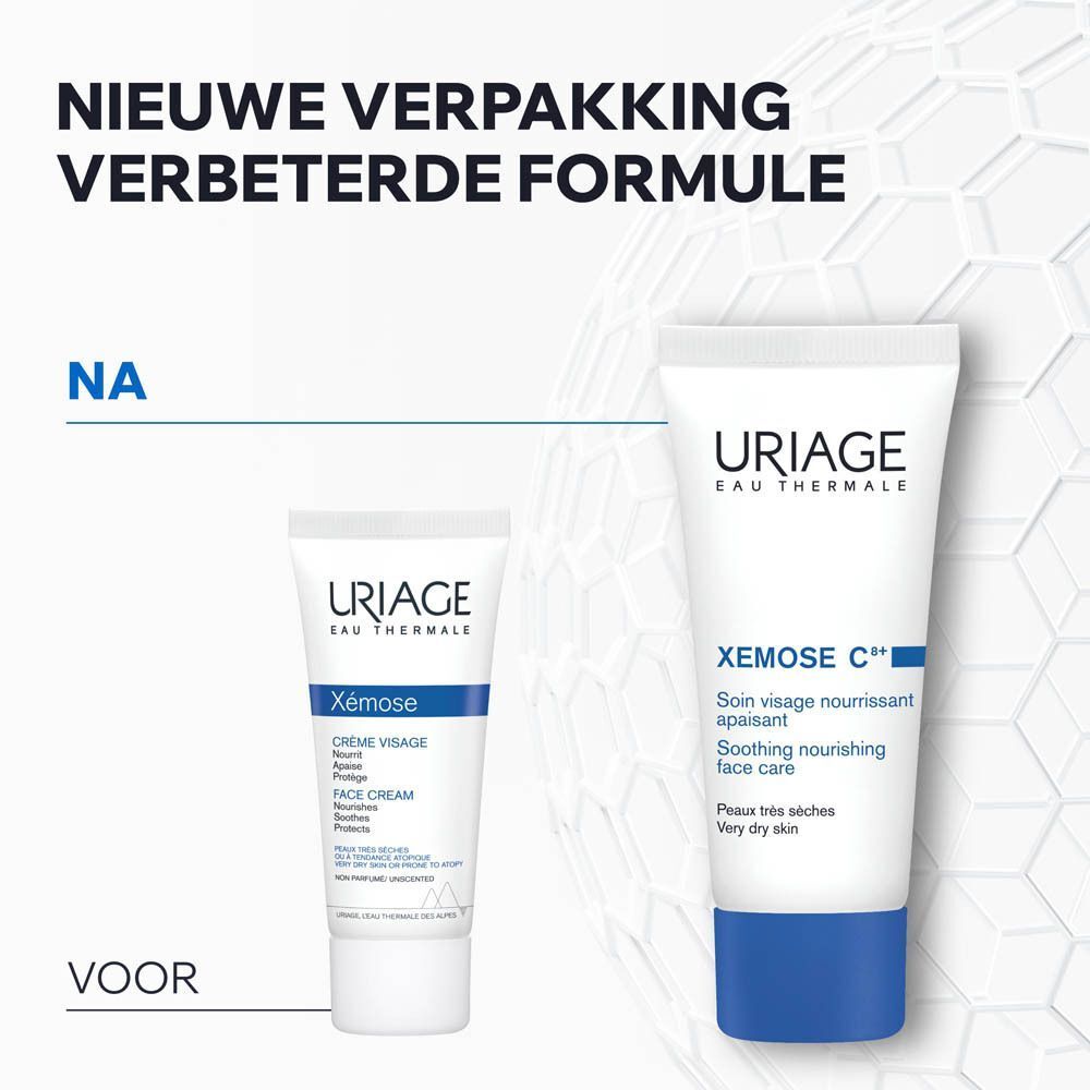 Voor-en-na vergelijking. Uriage Xémose C+ crème. Nieuw design.