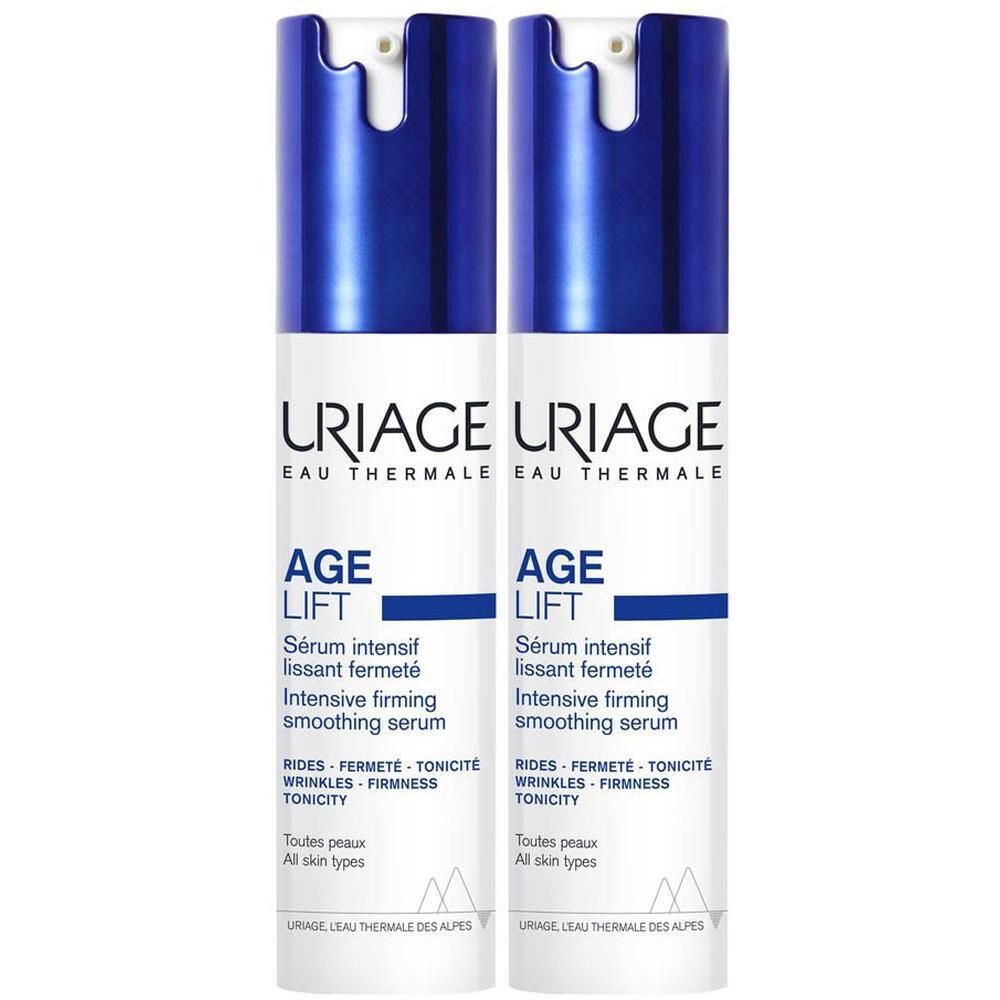 Deux flacons de sérum Uriage Age Lift. Flacons blanc et bleu avec pompe. Texte: Age Lift, sérum intensif lissant.
