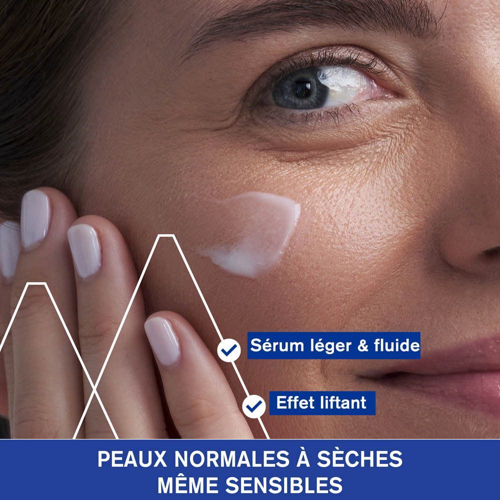 Visage d'une femme avec du sérum. Texte: Sérum léger & fluide, Effet liftant. Pour peaux normales à sèches, même sensibles.