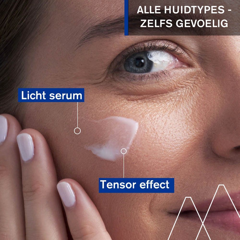 Gezicht van een vrouw met serum. Tekst: Licht serum, Tensor effect. Voor alle huidtypes, zelfs gevoelig.