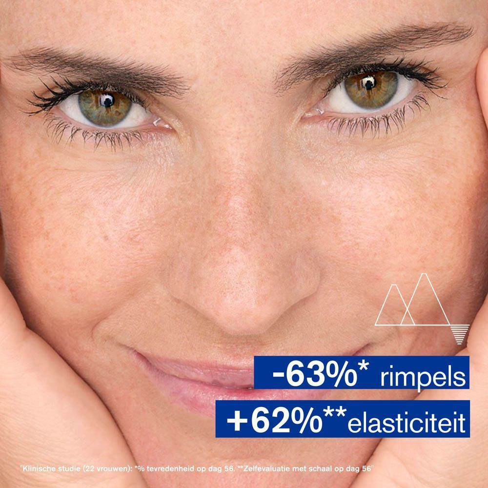 Gezicht van een vrouw. Tekst: -63% rimpels, +62% elasticiteit. Studie op 32 vrouwen. Ogen en handen.