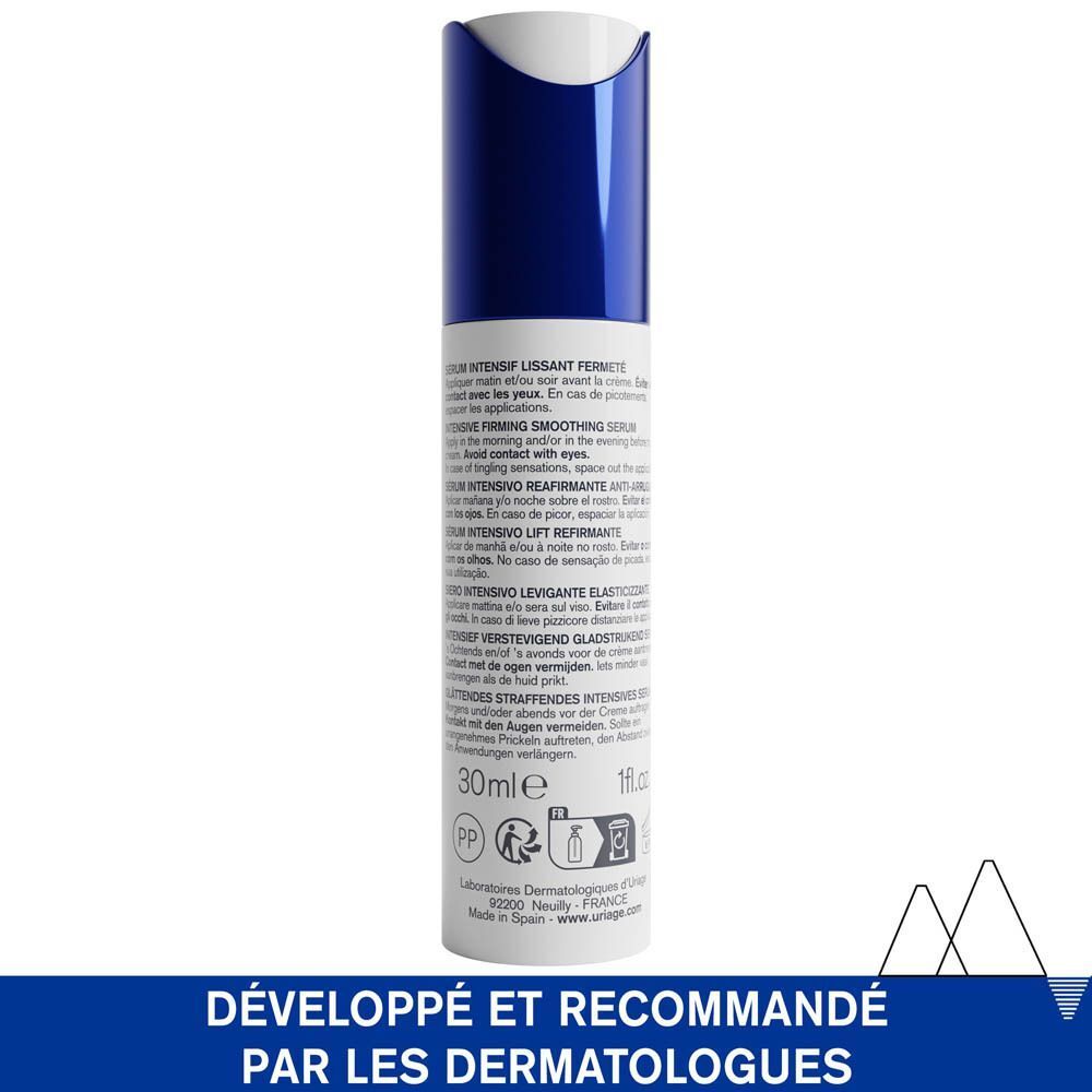 Dos d'un flacon de sérum Uriage Age Lift. Texte: 30ml, développé et recommandé par les dermatologues.