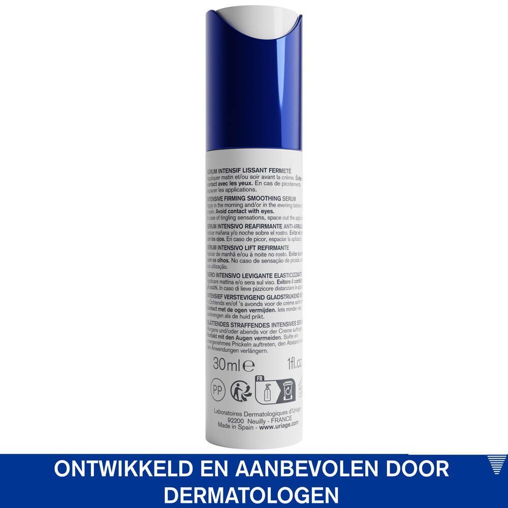 Achterkant van een Uriage Age Lift serumfles. Tekst: 30ml, ontwikkeld en aanbevolen door dermatologen.