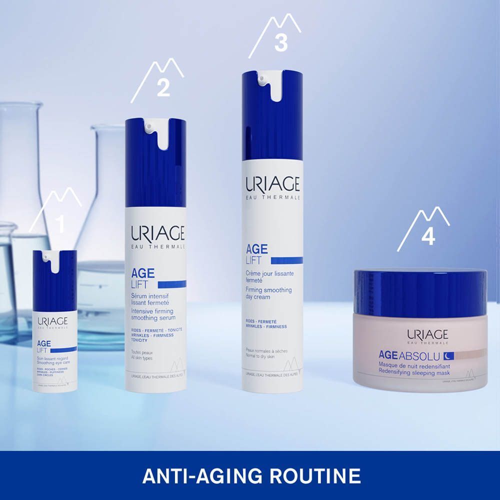 Anti-aging routine met vier Uriage producten. Tekst: Age Lift Serum, dagcrème, nachtmasker.