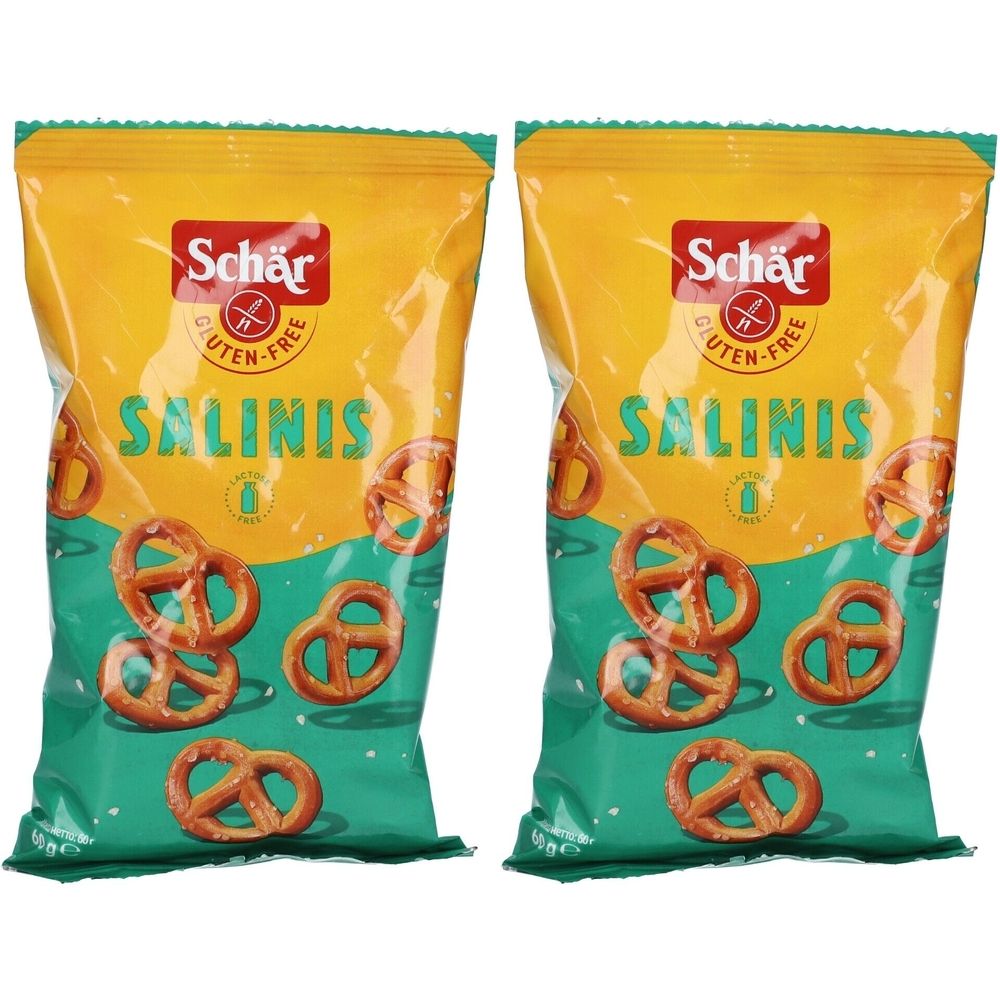 Twee zakken Schär Salinis pretzels. Geelgroene verpakking met productafbeelding en glutenvrij logo.