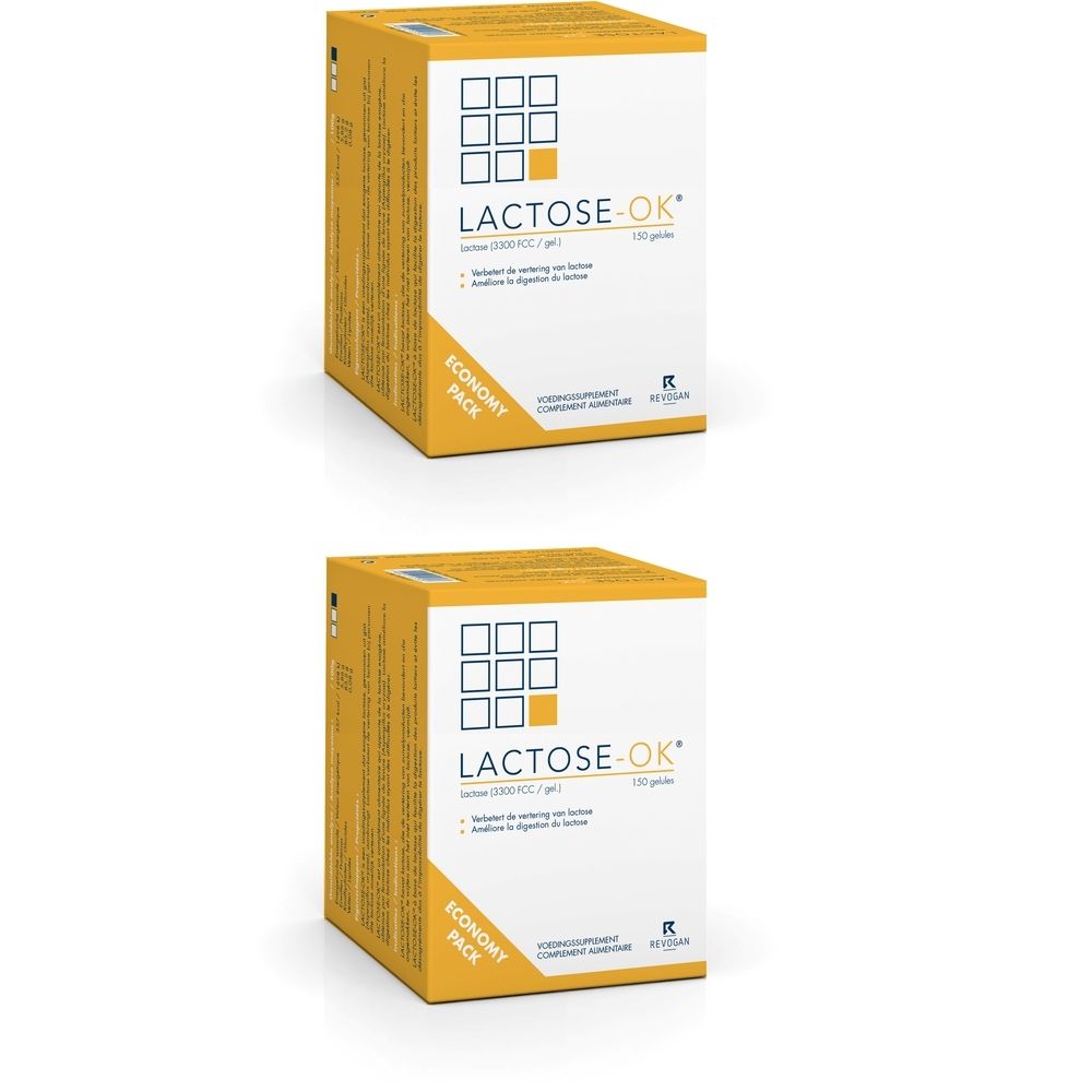 Twee vierkante dozen. Opdruk: LACTOSE-OK*, 120 g, Economy Pack. Witte achtergrond, gele accenten.